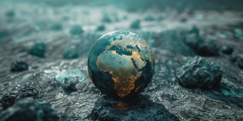 Wall Mural - A globe is sitting on a rocky surface