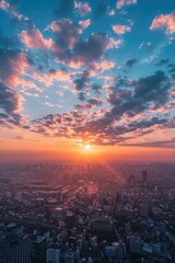 Wall Mural - a beautiful sunset over a city skyline with a large sun in the sky