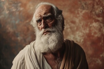 Wall Mural - An old man with a beard and white hair is standing in front of a red wall