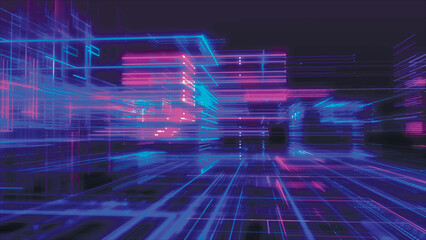Wall Mural - Abstract digital technology tunnel. Abstract futuristic sci-fi tunnel with particles and lines mesh. Connection and connections concept. Big data. 3D vector illustration.