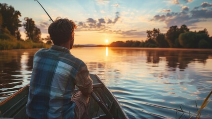 Canvas Print - A man is sitting in a boat on a lake, watching the sun set