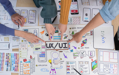 application development team brainstorming meeting and discussion to plan the design of ux ui and de