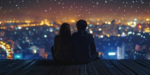 Canvas Print - A couple is sitting on a wooden deck overlooking a city at night