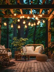 Wall Mural - A wooden gazebo with a table and two chairs, and a bench with pillows