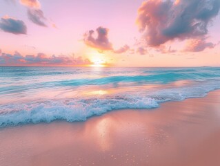 Wall Mural - a beautiful beach with a pink and blue sky and a calm ocean