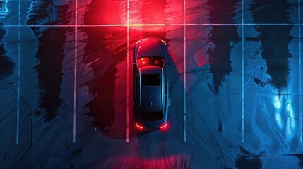 Wall Mural - A car is driving in a parking lot with a red light on