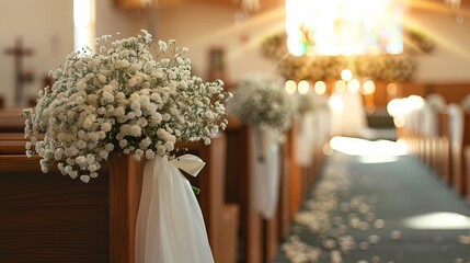 Wall Mural - A church with white flowers on the pews