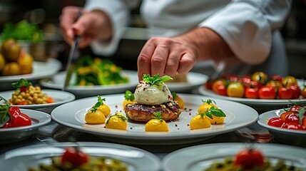 Wall Mural -   A close-up of a plate of food with someone reaching for a slice on top