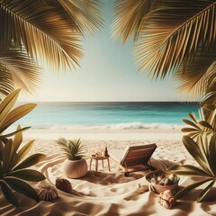 Wall Mural - sunrise on the beach with palms, sea, table and sun lounger, generative ai