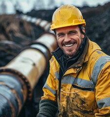 A content male construction worker sporting a yellow helmet and reflective jacket beams