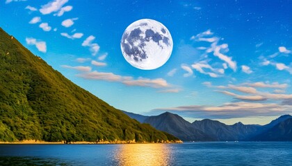 Wall Mural - a detailed ( fine art ) portrait, stylized as an oil painting of the moon at night with beautiful mountains and sea; maiko glacier bay national park