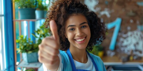 Canvas Print - A woman with curly hair is giving a thumbs up