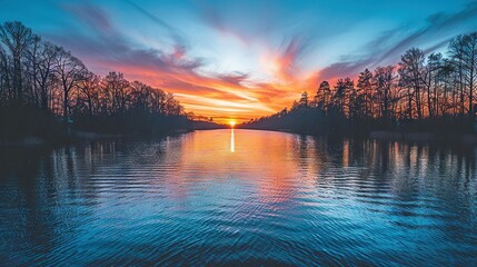 Wall Mural -   A blue sky with clouds in the background frames the sun setting over a tranquil lake surrounded by trees in the foreground