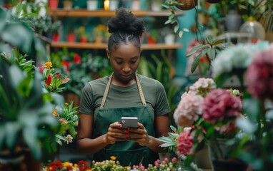 A woman in a green apron is looking at her cell phone while standing in a flower shop