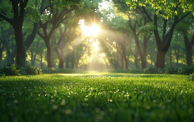 Wall Mural - A bright sun shines through the trees, casting a warm glow on the grass. The scene is peaceful and serene, with the sunlight creating a beautiful contrast against the green grass and leaves