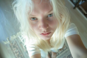 Realistic phone selfie made by beautiful albino girl with blue eyes at home without filters 