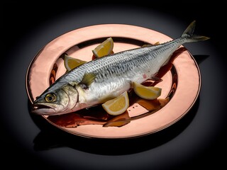 Fresh whole mackerel on a copper plate, black background