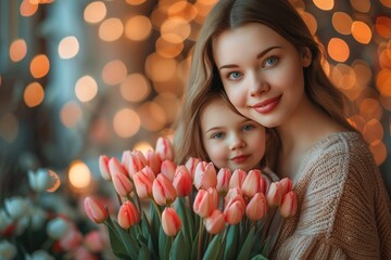 Wall Mural - A woman and a child are holding a bouquet of pink flowers. The woman is smiling and the child is looking up at her. The flowers are arranged in a vase and are the main focus of the image