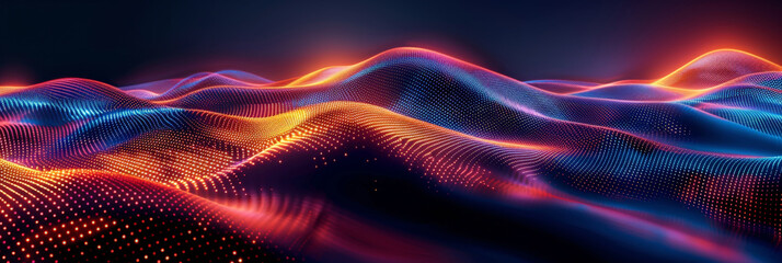 Abstract colorful  neon light wavy background,3d abstract dots representing digital binary data. Concept for big data, deep machine learning, artificial intelligence, business technology background. 