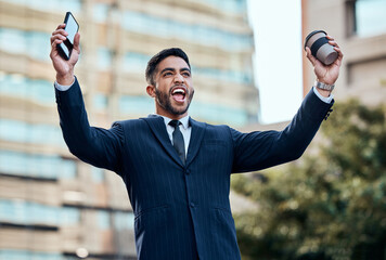 Poster - Businessman, smartphone and celebration in city for achievement with promotion, salary bonus and commercial law career. Male employee, attorney and victory outdoor for winning case and job success