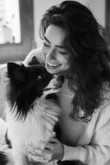 Canvas Print - A woman is holding a black and white dog