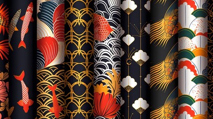 Elegant Japanese patterns with koi and waves on a stylish backdrop