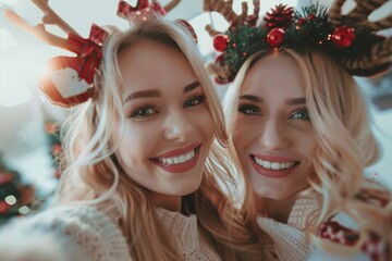 Wall Mural - two women wearing reindeer ears and smiling for a picture