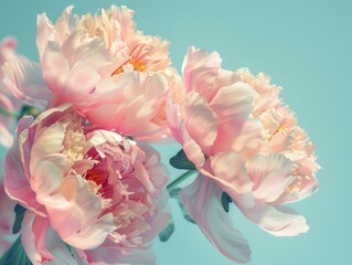 Wall Mural - Three pink flowers are arranged in a vase on a blue background