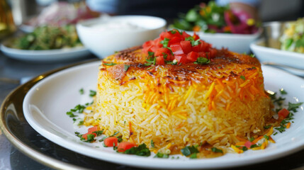 Wall Mural - Iranian tahdig rice with crispy crust, fresh herbs, and diced tomatoes: a delicious middle eastern culinary showcase