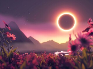 Wall Mural - a beautiful landscape with a large red sun in the sky