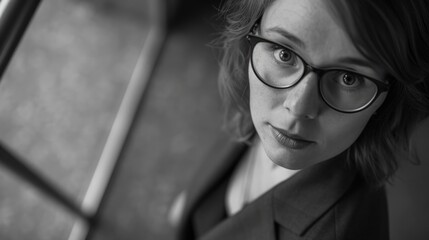 Canvas Print - A woman wearing glasses and a suit is looking at the camera