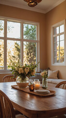 Wall Mural - Warm Living Space, Beige Interior with Dining Table, Relaxation Area, and Window