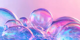 Fototapeta Przestrzenne - soap bubbles on a pastel background, red pink abstract oil bubbles or face serum background. pink Oil and water bubbles molecule ,pink Bubbles oil or collagen serum for cosmetic product, banner poster