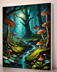 Fantasy landscape with mushrooms in the forest. 3d illustration.