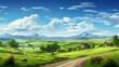 Beautiful summer landscape illustration, green fields and clear blue sky