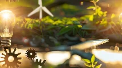 Wall Mural - AI generated illustration of an electric light bulb and wind turbine in sunlight, ecology concept