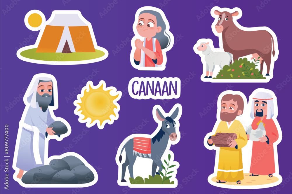 Set of stickers Canaan in flat cartoon design. This colorful illustration shows a set of stickers depicting Abraham, his wife and others preparing for the sacrificial fire. Vector illustration.