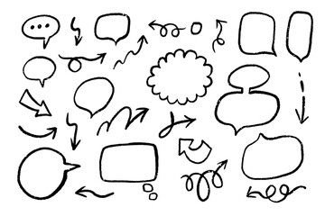 Grunge doodle texture brush stroke elements. Line movement element, emotion effect decoration icon. Simple blob grunge paint texture arrows, speech balloons, line style emphasis, arrows