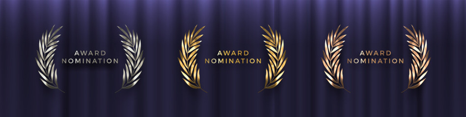 Wall Mural - award sign with palm branches wreath - golden, silver and bronze variants, on black curtain backgrou