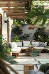 Wall Mural - Modern outdoor living space, featuring green plants and wooden furniture