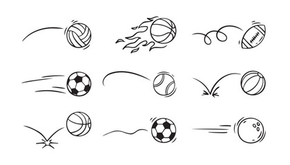 Wall Mural -  Doodle sport ball trajectory bounce collection. Line hand drawn balls set