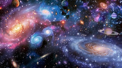 Wall Mural - captivating outer space panorama with colorful galaxies and celestial bodies