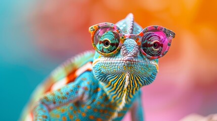 An ultra-realistic photograph featuring a charismatic chameleon sporting colorful glasses