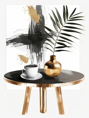 Wall Mural - A table with a golden and black painting featuring a vase and a cup on top