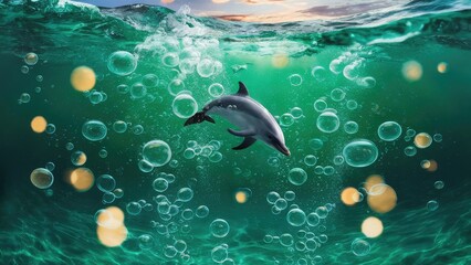 Wall Mural - Bubbles and bokeh underwater in clear green ocean