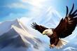 A majestic eagle soaring high above snow-capped mountains, its wings outstretched against the blue sky 