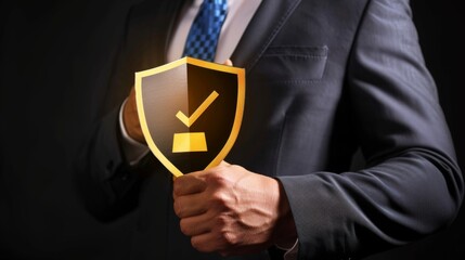 Businessman in suit with a shield icon, symbolizing protection in cybersecurity, insurance, or safety concept on a dark background.