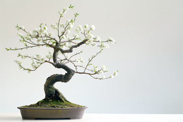 bonsai tree isolated on white, Delight in the serene elegance of a bonsai plum tree, standing gracefully against a pristine white background