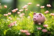 Piggy bank in a summer grass with flowers, concept of eco-friendly lifestyle, green economy, economic growth