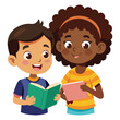 © Pixel Pine - Two enthusiastic children, boy and black girl sharing books and learning together, vector cartoon illustration.